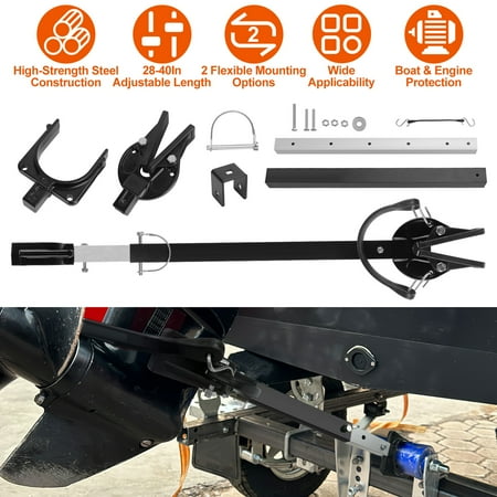 Heavy Duty Steel Boat Transom Saver: 28-40" Adjustable Outboard Motor Support, Shock-Absorbing Rubber Strap, 2 Mounts for Trailer/Roller, Protects Transom Up to 100 HP