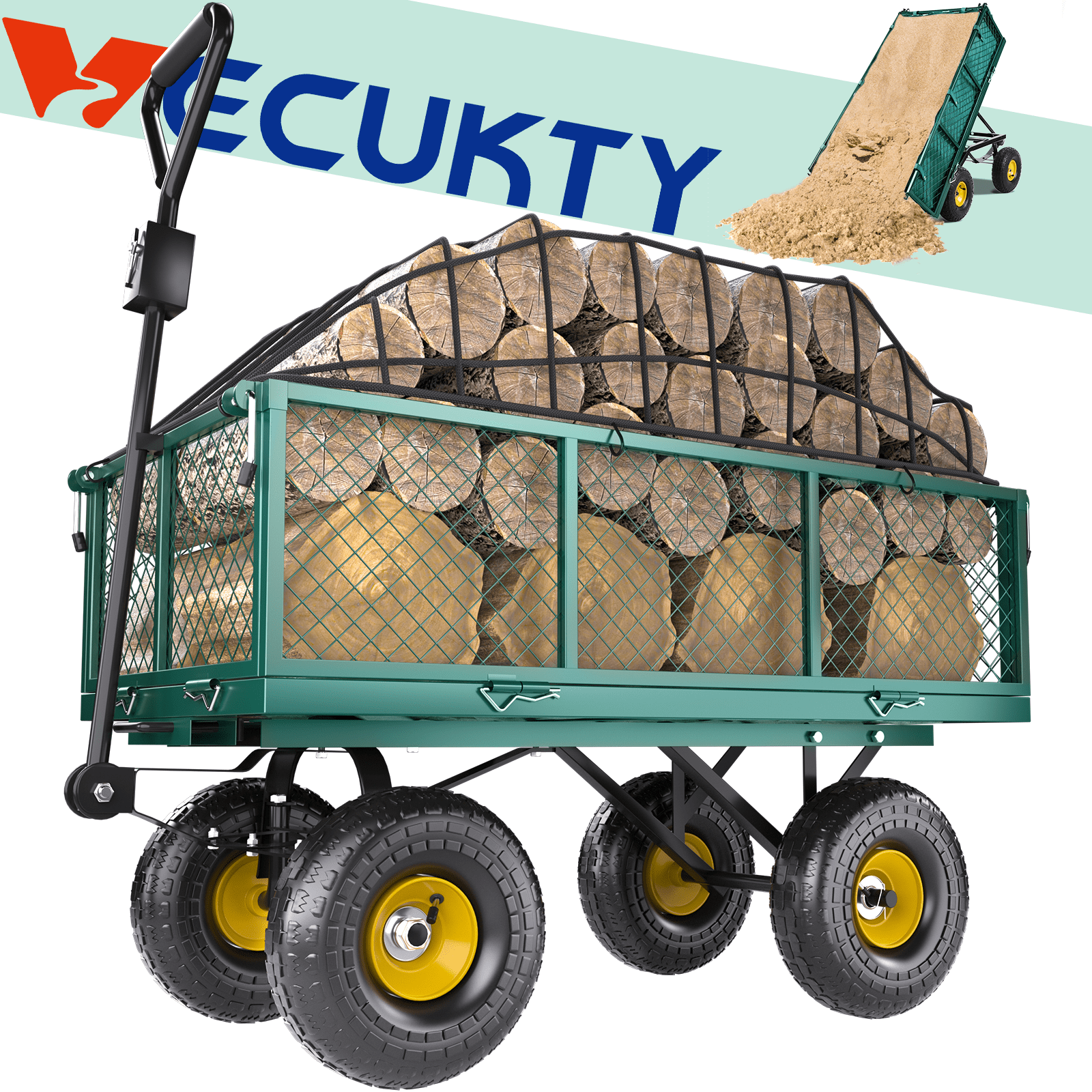 VECUKTY Heavy Duty Steel Dump Garden Cart with Liner, 900lbs Capacity Folding Utility Metal Wagon 3 Cu ft 10" Wheel, Green