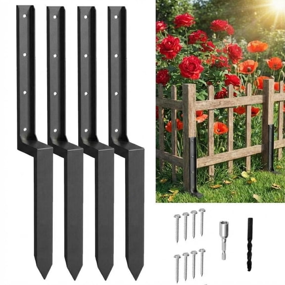 Heavy Duty Steel Fence Post Repair Kit, 34" Ground Spike for Leaning/Broken Wood Posts, Set of 4