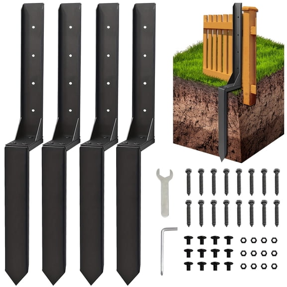 4PC Heavy Duty Steel Fence Post Repair Kit, Adjustable Brackets, 32" Ground Stakes.