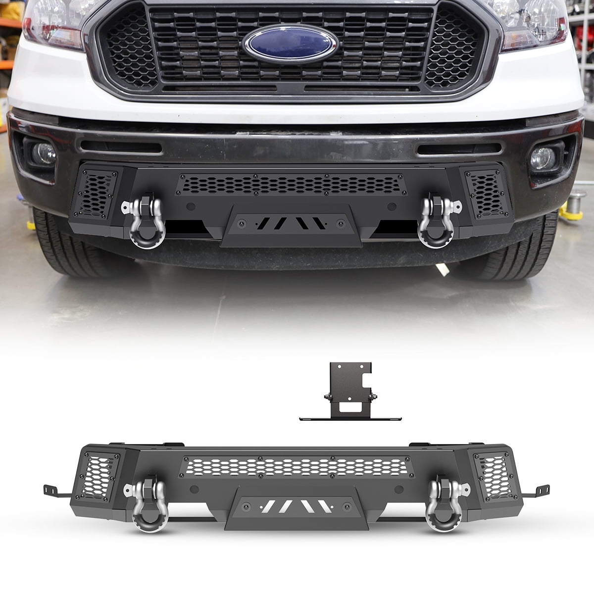 Heavy Duty Steel Front Bumper Fit for 2019 2020 2021 2022 2023 Ford Ranger,Front Bumper with ACC Module Relocation Bracket,Black Powder Coated