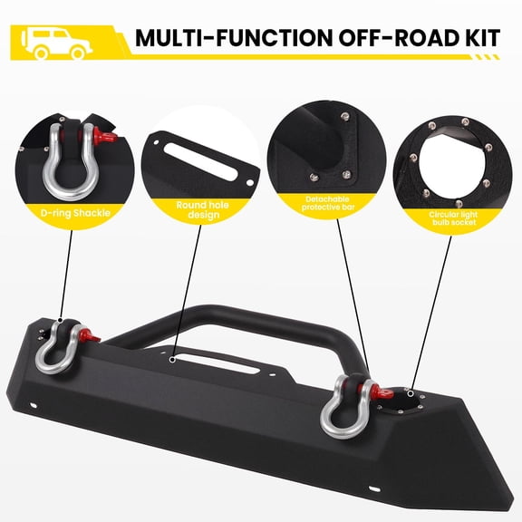 Heavy Duty Steel Front Bumper Replacement for Jeep Wrangler JK TJ 1987-2006, Textured Black Offroad Bumper with D-Rings Shackles, Winch Plate & Light Mounts for Rock Crawling & Trail Protection