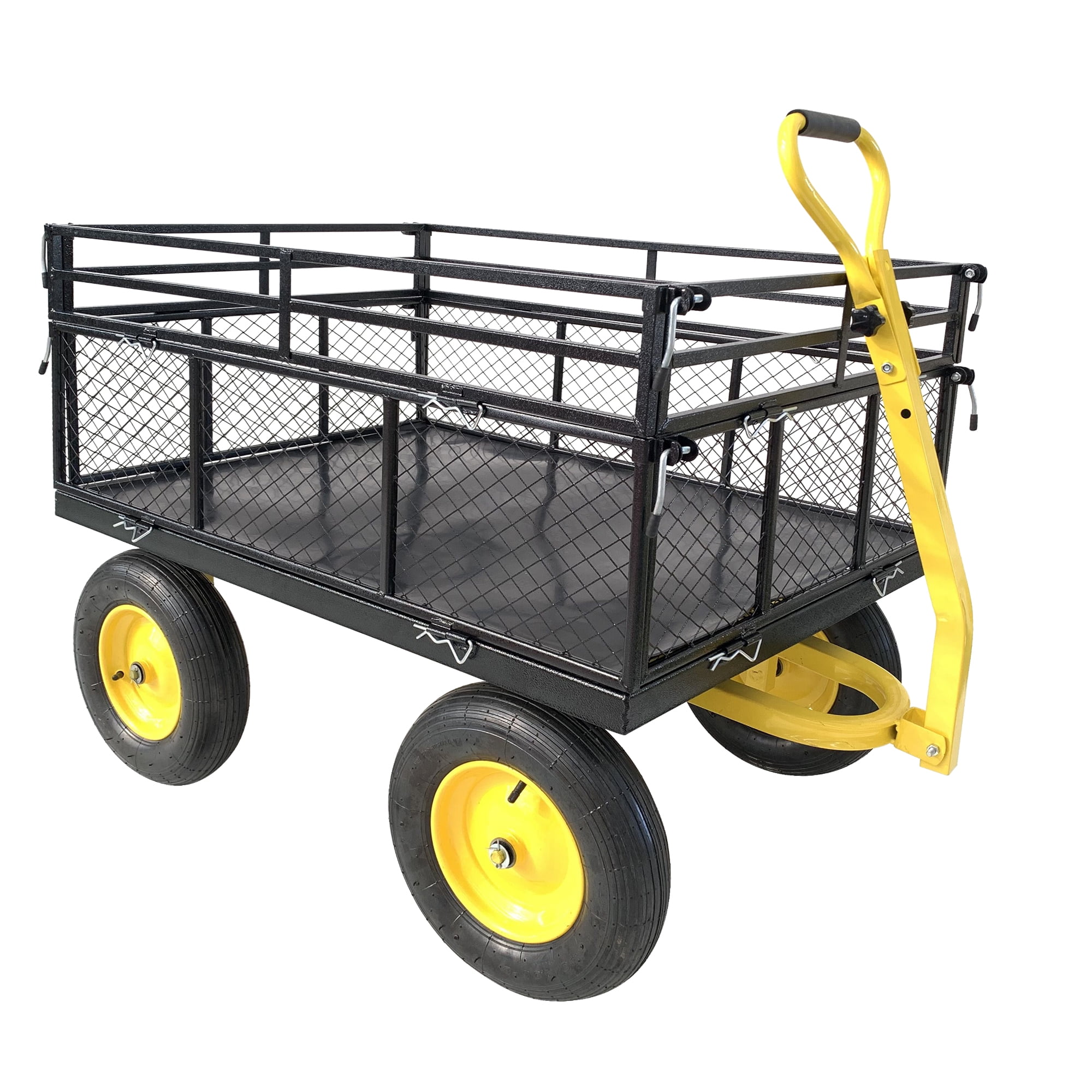 Heavy Duty Steel Garden Cart, 1400 lbs Capacity Utility Wagon, Removable Mesh Sides Convertible to Flatbed, 2-in-1 Handle & 16" Rubber Tires for Garden Farm Yard