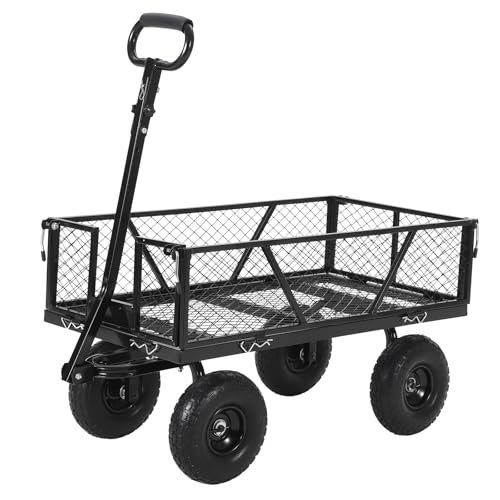 Heavy Duty Steel Garden Cart, 950 LBS Load Capacity Garden Wagon with 10 Inch Tires, 180 Rotating Handle, ATV & Tractor Compatible, Utility Outdoor Cart for Lawn, Yard, Farm, Black