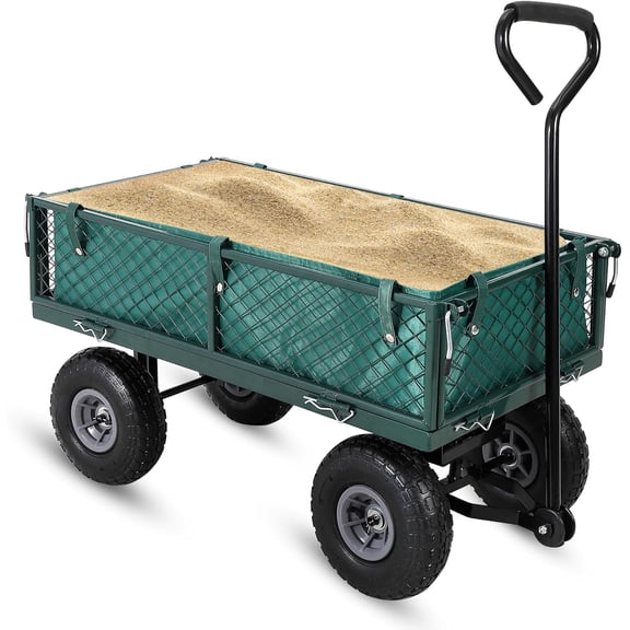 Heavy Duty Steel Garden Cart,Convertible Mesh/Freight Wagon with 10" Pneumatic Tires & 2-in-1 Handle for Yard Work,Green