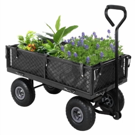 Heavy Duty Steel Garden Cart Folding Utility Wagon With Removable Cart Liner Steel Garden Cart, Heavy Duty 500 Lbs Capacity, with Removable Mesh Sides to Convert Into Flatbed, Metal Wagon with 2-in-1