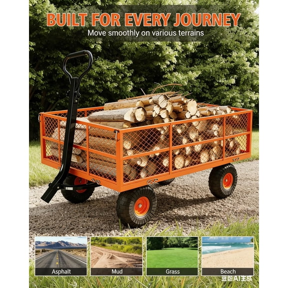 Heavy Duty Steel Garden Cart Wagon, 1200 lb Capacity Utility Wagon with Removable Mesh Sides, 13 Inch Pneumatic All-Terrain Tires and Rotating Handle for Yard, Garden and Outdoor Use,Orange
