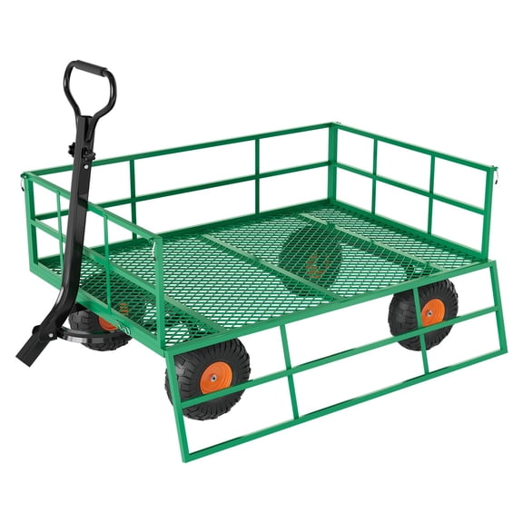 Heavy-Duty Steel Garden Cart Wagon, 3-in-1 Dump/Flatbed/Utility Yard Hauler, 1200 lb Capacity, Removable Mesh Sides, 13 in Pneumatic Tires, 180° Rotating Handle - 1200 lbs | Green + Orange