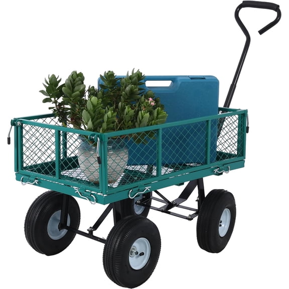 Heavy-Duty Steel Garden Cart with Removable Sides, 550 lb Capacity, 10" Tires - Versatile Utility for Yard, Landscaping, 3 cu ft (Green)
