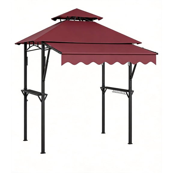 Heavy Duty Steel Grill Gazebo 8' x 5' with Double-Tier Roof, 7' x 3' Awning, Shelves, 10 Hooks, LED Lights, Outdoor BBQ Canopy Shelter for Patio Backyard, Claret Red