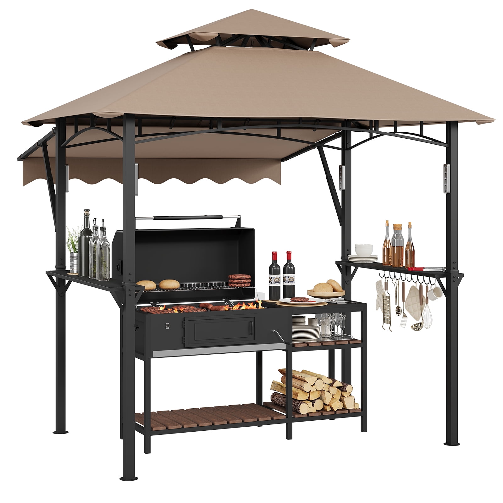 Heavy Duty Steel Grill Gazebo 8' x 5' – Double-Tier Roof, 7' x 3' Side Awning, LED Lights, Storage Shelves, Hooks – Outdoor BBQ Canopy Shelter for Patio