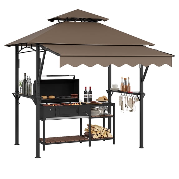 Heavy Duty Steel Grill Gazebo 8' x 5' – Double-Tier Roof, 7' x 3' Side Awning, LED Lights, Storage Shelves, Hooks – Outdoor BBQ Canopy Shelter for Patio