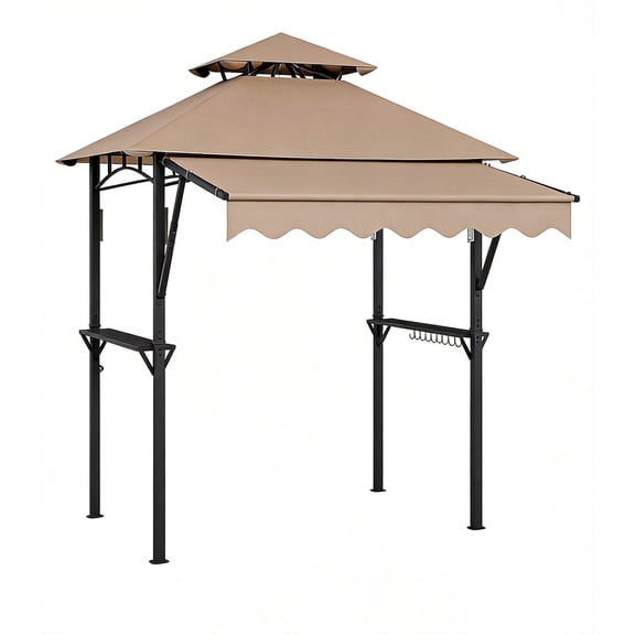 Heavy Duty Steel Grill Gazebo 8' x 5' with Double-Tier Roof, Extra 7' x 3' Awning, Shelves, 10 Hooks, LED Lights, Outdoor BBQ Canopy Tent for Patio Backyard, Khaki