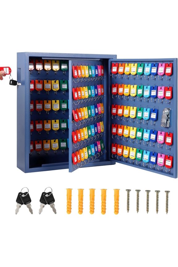 Heavy Duty Steel Key Cabinet Organizer with Lock – 133 Numbered Hooks – Colored Tags for Easy Sorting – Wall Mounted Secure Storage for Office, Hotel, Garage, Valet – Blue, 133 Pieces