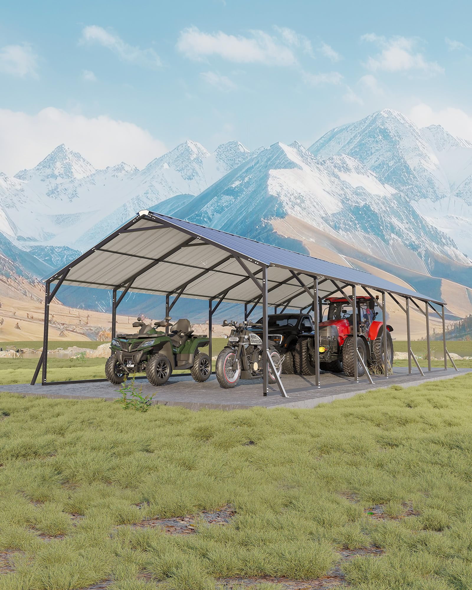 Heavy Duty Steel Metal Carport 20x30x12 - Outdoor Storage Shelter with Vertical Roof - All-Weather Protection for Multiple Vehicles, Pickup Trucks, Boats, Tractors - Grey
