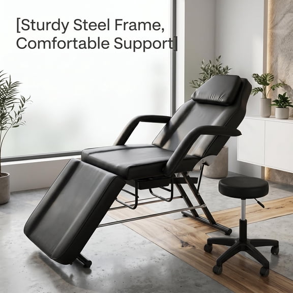 Heavy-Duty Steel Multipurpose Spa Bed with 3-Section Adjustable Backrest & Footrest, Detachable Headrest/Armrests, Stool for Facial Massage Tattoo Beauty Use
