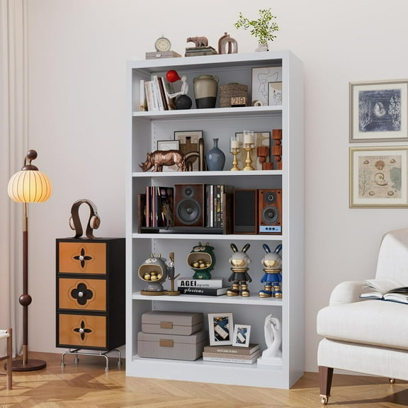 Heavy-Duty Steel Open Storage Cabinet with Adjustable Shelves, 5-Tier Shelving Unit,Easy Assembly Freestanding Organizer for Pantry,Office, Living Room,Bookshelf(White, 5 Tier-55"H x 27.6"W x 11.8"D)
