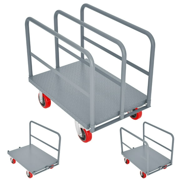 Heavy Duty Steel Panel Truck, 2000 lbs Capacity Drywall Cart, Platform Flat Cart with 6” Swivel Brake Casters, 3 Side Handrails