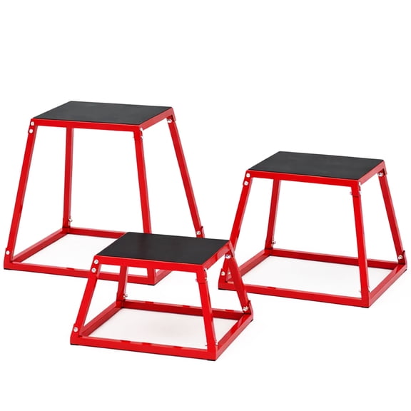 Heavy-Duty Steel Plyometric Jump Box Set - Anti-Slip Step-Up Platforms for Box Jumps & Home Gym Training - 15 x 18 in Surface - 12 + 18 + 24 + 30 inches, Red