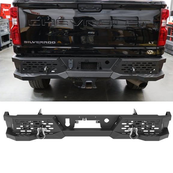 Heavy Duty Steel Rear Bumper Compatible with 2020-2025 Chevy Silverado 2500/3500/2500 HD/3500 HD,With Sensor Holes,D-Rings,Built-in Non-Slip Steps,Style 1