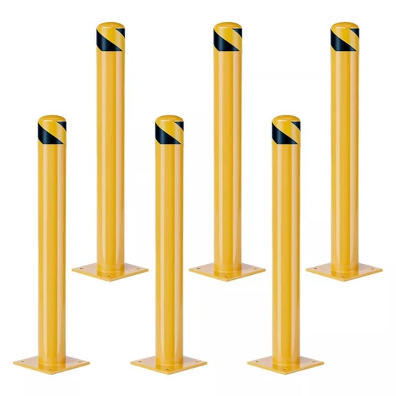 Heavy Duty Steel Safety Bollards Anchored - 36 Inch Yellow Reflective Bollard Posts for Parking Lots, Warehouses, Driveways - 6 Packs