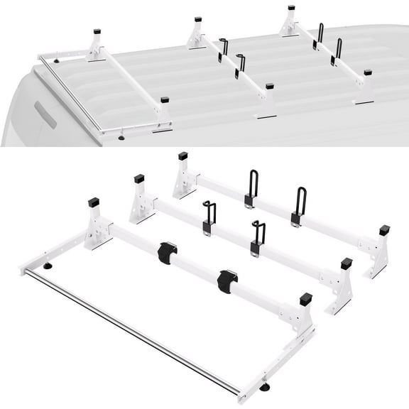 Heavy Duty Steel Van Ladder Roof Rack 54 Inch 3 Crossbars 800 lbs Capacity with Cargo Roller and Straps for Ford Transit 150 250 350 2015 to 2022