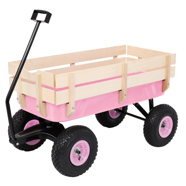 Heavy Duty Steel Wooden Side Support Cargo Wagon with 10" All-Terrain Air Tires, Up to 220lb Load Capacity, for Towing Kids Toys, Gardening Supplies, Pink