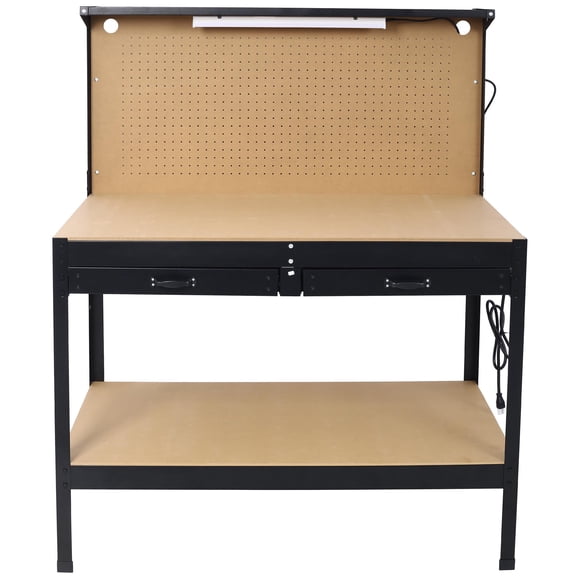 Heavy-Duty Steel Workbench Table 47.5" with LED Light, Storage Drawers, Pegboard in Black- Ideal for Workshop Tools Organization & Projects Efficiency