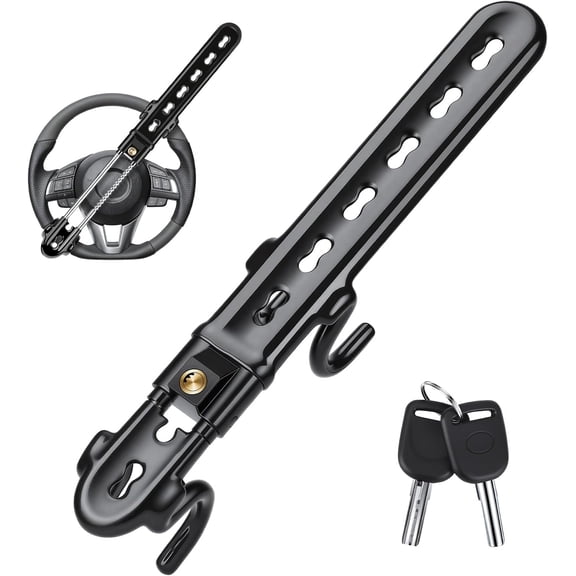 Heavy Duty Steering Wheel Lock Anti Theft Car Device | Adjustable Double Hooks Locking, Universal Fit for Cars, Trucks, SUVs, Pickups, Vans, Includes 2 Keys (Black)