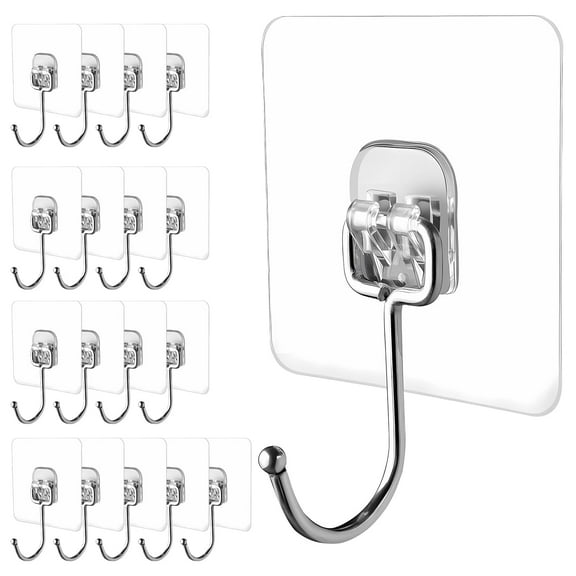 Heavy Duty Sticky Hooks 18-Pack, Large Clear Adhesive Wall Hooks 44lb Max, Waterproof Rustproof for Hanging in Kitchen Bathroom Office Outdoor Ceiling