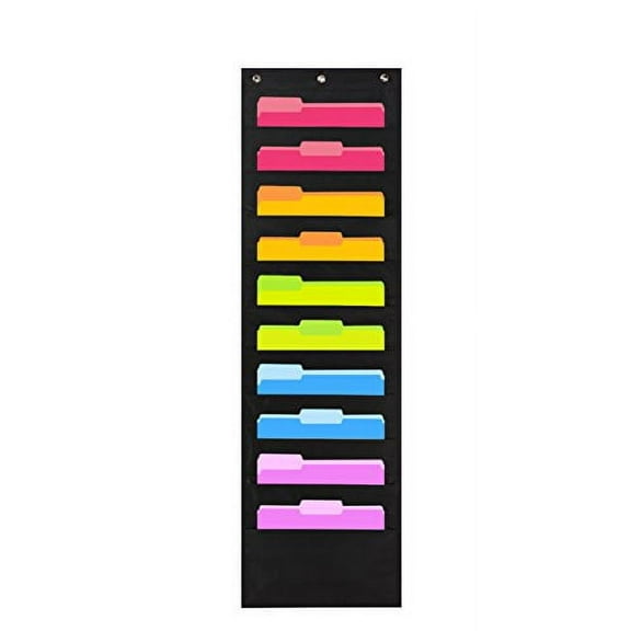 Heavy Duty Storage Pocket Chart with 10 Pockets, 3 Over Door Hangers Included, Hanging Wall File Organizer by Hippo Creation - Organize Your Assignments, Files, Scrapbook Papers & More (Black)