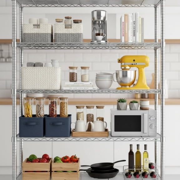 Heavy Duty Storage Shelves, 5-Tier Adjustable Metal Industrial Utility Shelf Rack for Kitchen, Laundry Room, Pantry, Warehouse, Basement Chrome 48" L x 20" W x 72" H