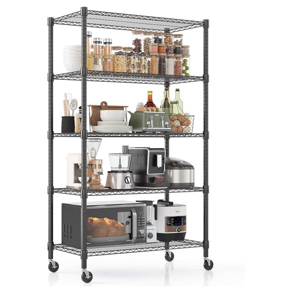 Heavy Duty Storage Shelves, 5 Tier Wire Shelving Unit with Wheels, Adjustable Metal Shelves for Storage, Garage Rack Pantry Shelves Kitchen Shelving, 18"x36"x82", Black