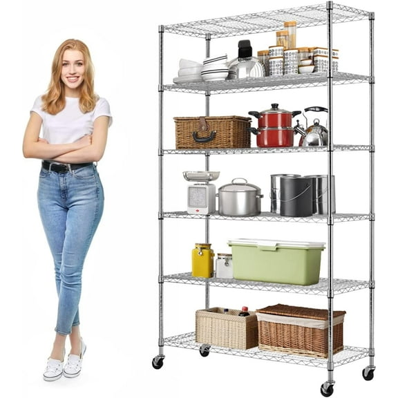 Heavy Duty Storage Shelves Hold 2100LBS Metal Shelves with Wheels Adjustable 6 Tier Wire Shelving Unit NSF Shelving for Closet Kitchen Garage Basement, 82" H x 48" L x 18" D- Chrome