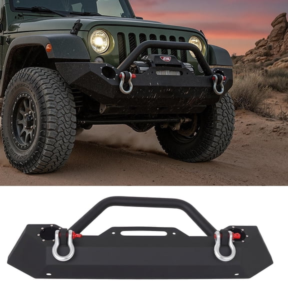 Heavy-Duty Stubby Front Bumper with Fog Light Housing & D-rings, Off Road Bumper Compatible with Jeep Wrangler YJ TJ 1987-2006, Steel Front Bumper