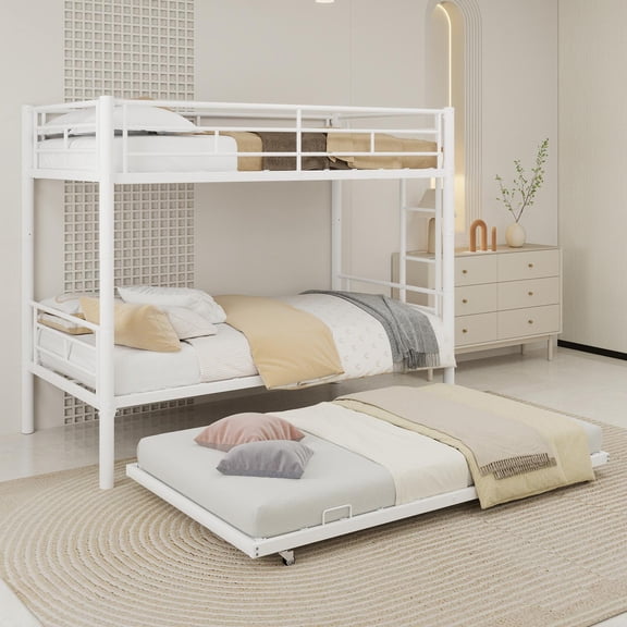 Heavy Duty Sturdy Metal Twin Over Twin Bunk Bed with Enhanced Upper-Level Guardrail, Non-Slip Ladder, Noise Reduced, 350 lbs Weight Capacity, Easy Assembly with All Tools, White