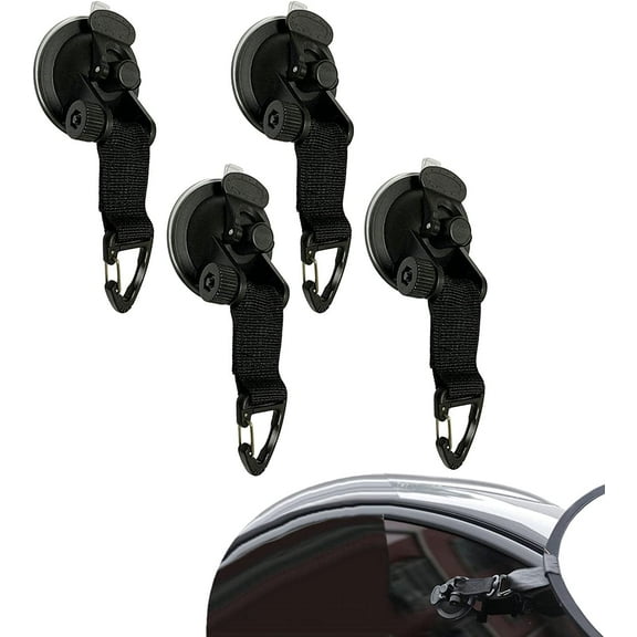 Heavy Duty Suction Cup Hooks - PU Suction Cups with Hooks - 4 Piece Camping Tool with Safety Hooks for Car Tie On Camping Tarp