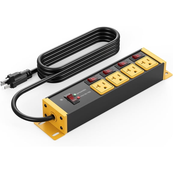 Heavy Duty Sur Protector Power Strip 20 Amp Individual Switches. 6FT 12 Gau Extension Cord with Multiple Outlets. Kitchen, Gara, Shop, Industrial Wall Mount Electric Extender, Yellow.