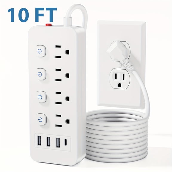 Heavy-Duty Surge Protector Power Strip with 4 AC Outlets and 4 USB Ports | 12-in-1 Compact Design, Overload Protection for Home Office, Workshop, and Travel