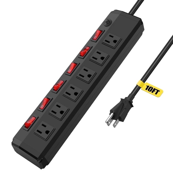 VILONG 10ft Surge Protector Power Strip with Individual Switches, Overload Protection, 1200J, Heavy Duty Extension Cord Plugs for Computers, Black