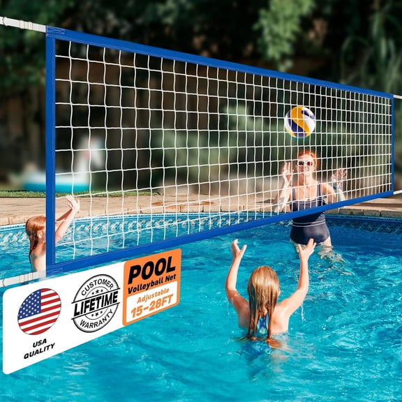 Heavy Duty Swimming Pool Volleyball Net Replacement, Lengthened 15FT-28FT Adjustable, Upgraded Weather Resistance with Waterproof, Thicker Borders and Nylon Straps-15x3FT, Blue(Net Only)