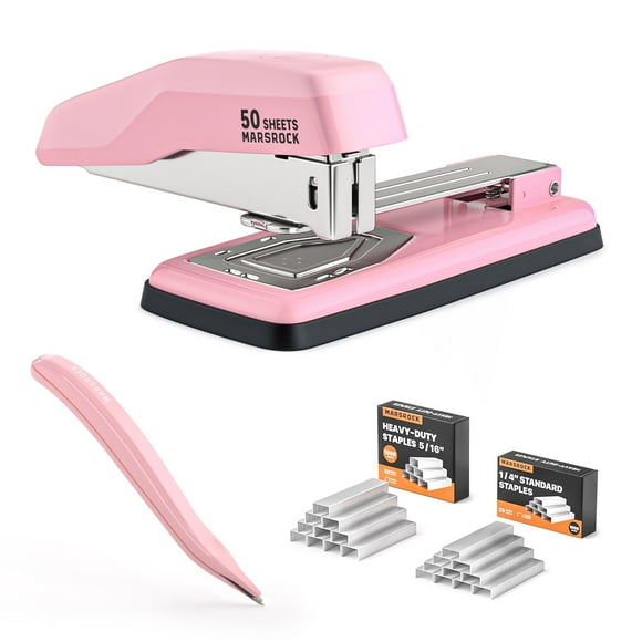 Heavy Duty Swing-Arm Swivel Stapler, 50 Sheet Capacity, 2000 Staples and Staple Remover, 180 Degree Rotate Desktop Staplers for Office, Home, Classroom, Booklet, Book Binding, Pink