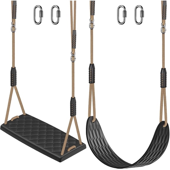 Heavy Duty Swing Seat Replacement for Kids, 2-Pack Outdoor Swing Set Accessories with Adjustable Ropes & Snap Hooks, Plastic Playground Swing for Backyard, Tree, Indoor Play (Black)