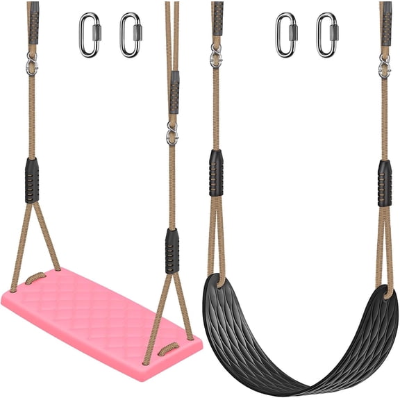 Heavy Duty Swing Seat Replacement for Kids, 2-Pack Outdoor Swing Set Accessories with Adjustable Ropes & Snap Hooks, Plastic Playground Swing for Backyard, Tree, Indoor Play (Black & Pink)