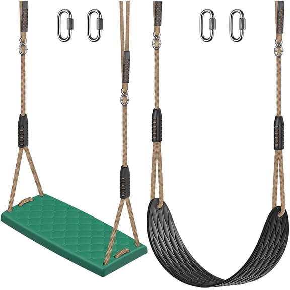 Heavy Duty Swing Seat Replacement for Kids, 2-Pack Outdoor Swing Set Accessories with Adjustable Ropes & Snap Hooks, Plastic Playground Swing for Backyard, Tree, Indoor Play (Black & Green)