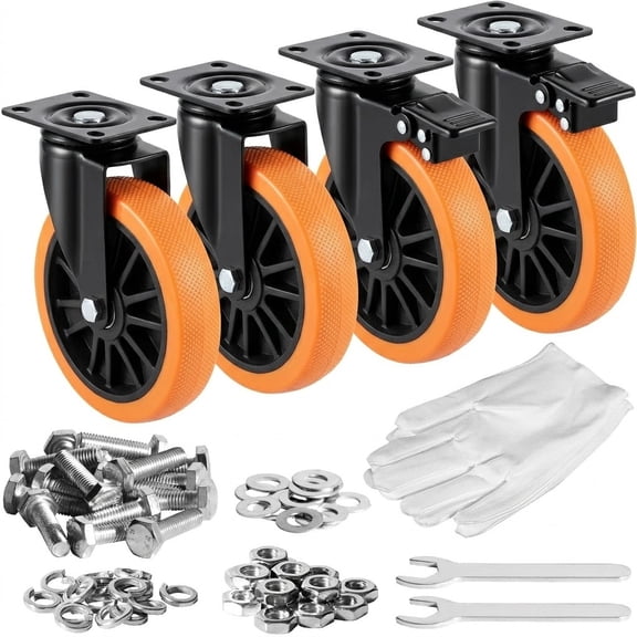 Heavy Duty Swivel Caster Set, Four 6 in Non-Marking PVC Wheels with 2,800 lb Combined Capacity, Dual Ball Bearings, A/B Brakes and Plate Mounts for Shop Equipment