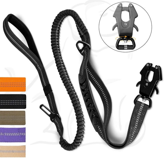 Heavy Duty Tactical Bungee Dog Leash, 4-6FT No Pull Dog Leash with Quick Release Carabiner, Reflective Shock Absorbing Leashes with Car Seatbelt for Medium Large Dogs
