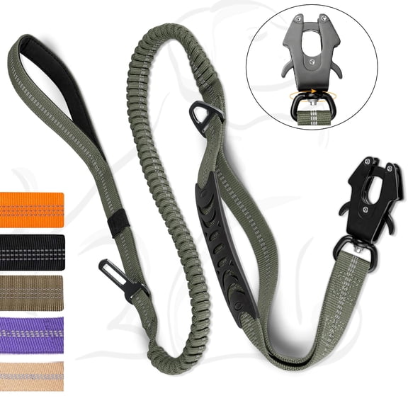 Heavy Duty Tactical Bungee Dog Leash, 4-6FT No Pull Dog Leash with Quick Release Carabiner, Reflective Shock Absorbing Leashes with Car Seatbelt for Medium Large Dogs
