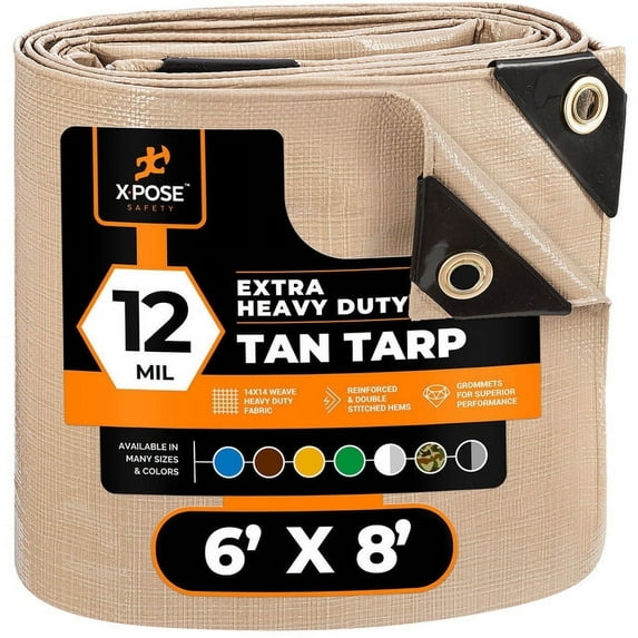 Heavy Duty Tan Poly Tarp 6' X 8' - Multipurpose Protective Cover - Durable, Waterproof, Weather Proof, Rip and Tear Resistant - Extra Thick 12 Mil Polyethylene - by Xpose Safety