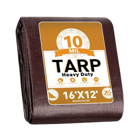 Heavy Duty Tarp 16 x 12 ft, Waterproof Tarps with Grommets Every 19.7", 10 Mil Thick Protective Tarps Cover, Large Multi-Purpose Tarps for Home,Boats,Cars,Camping,Protective Cover, (Brown&Silver)